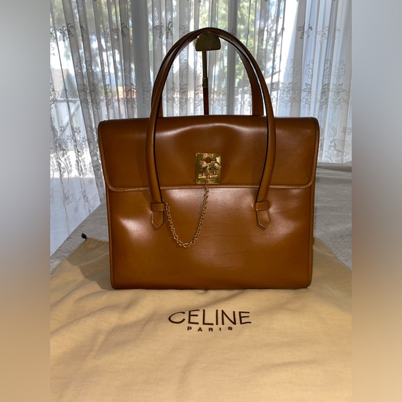 CELINE - Rust Brown Structured Leather Tote with Turnlock & Chain **FINAL PRICE* - Picture 11 of 15